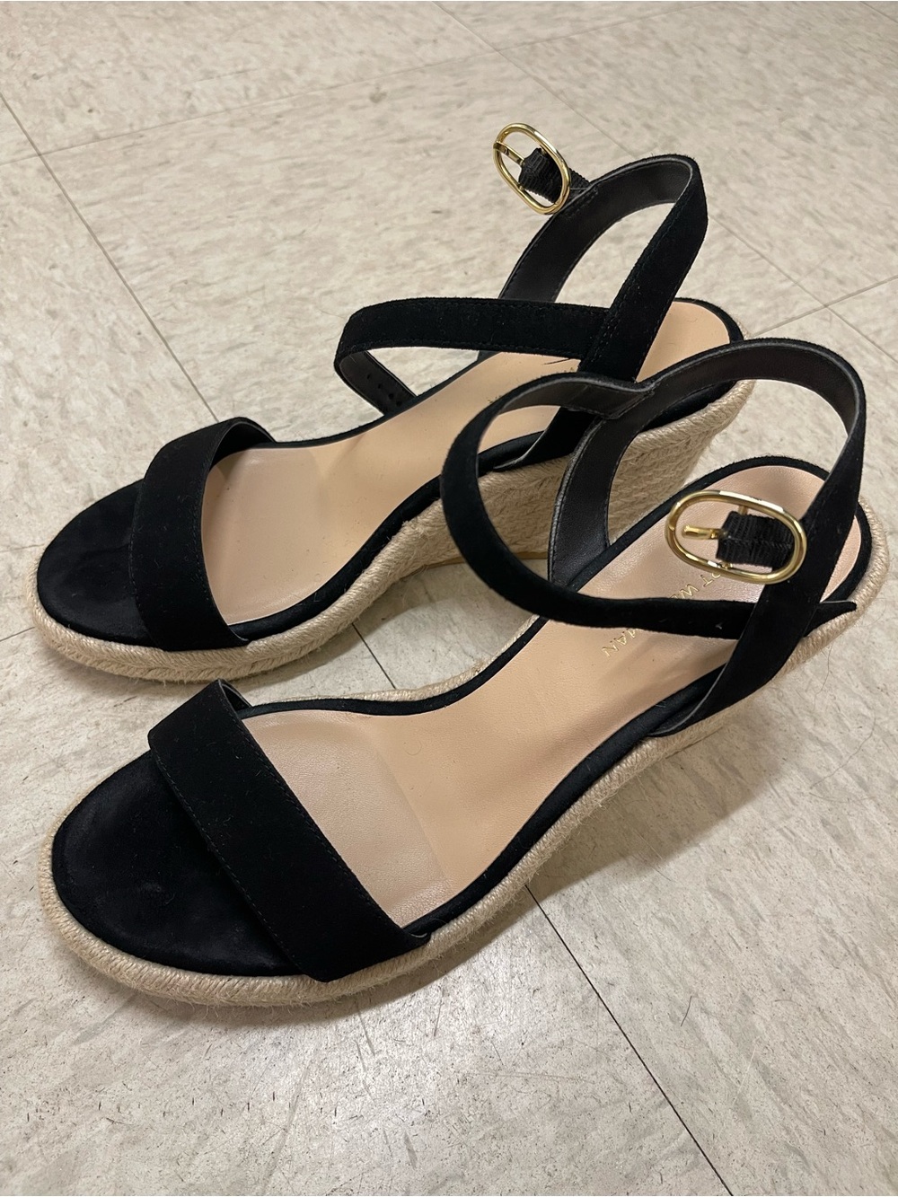 Stuart Weitzman Black Suede Espadrille Wedge Sandals with Gold Buckles